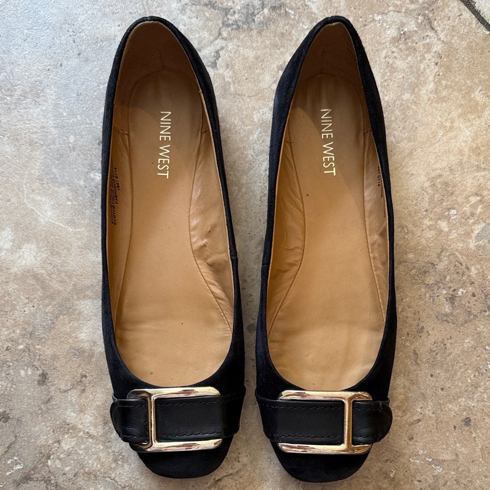 Nine West Black Suede Flats with Gold Buckle - Picture 6 of 7